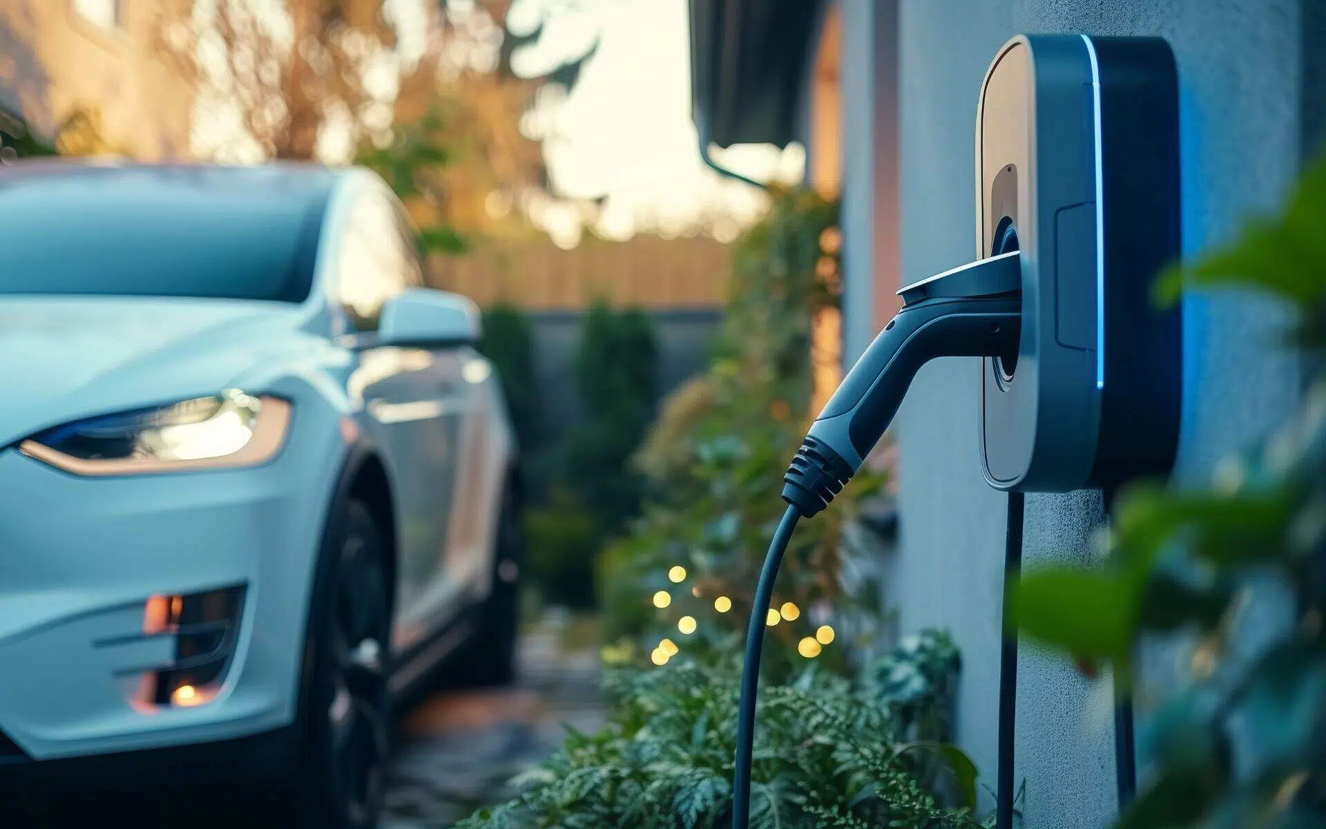 Evinin önünde şarj olan elektrikli araç
